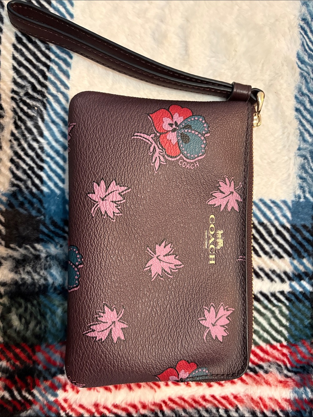 Limited edition Coach Plum Floral Leather Wristlet with Pink Accents